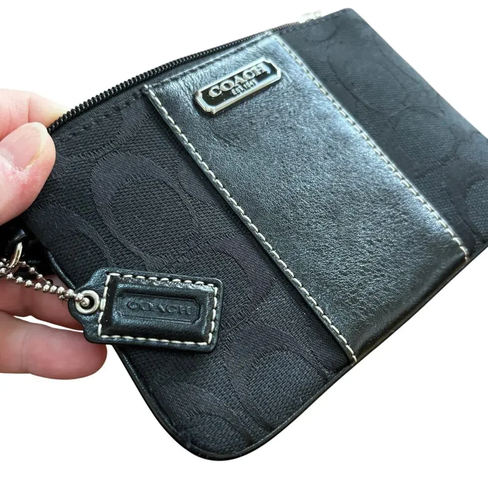 Coach black wristlet leather & signature logo canvas top zipper hang tag classic